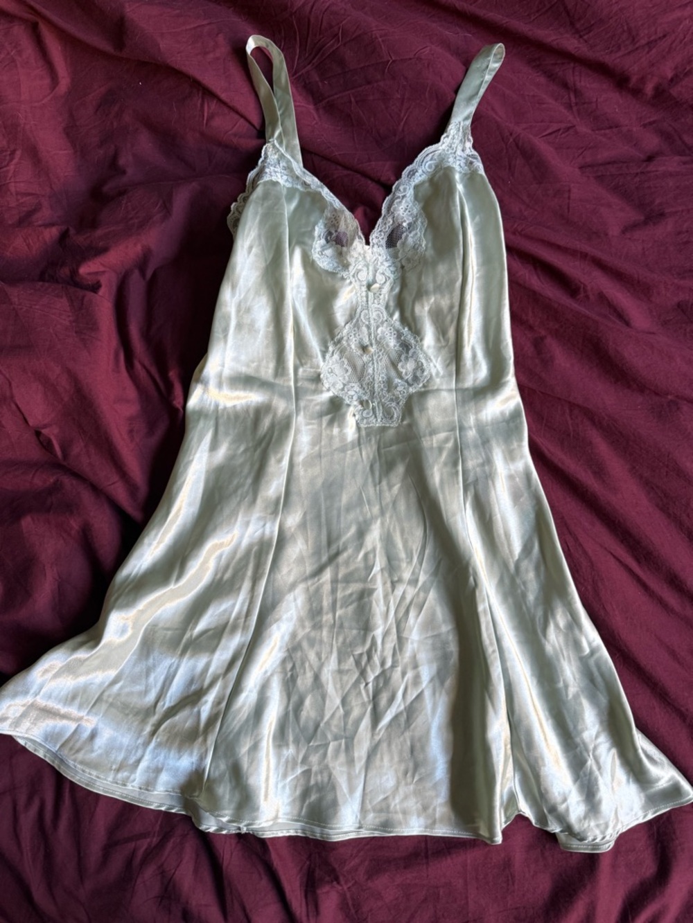 Satin Lace-Trim Chemise Slip in Pale Sage